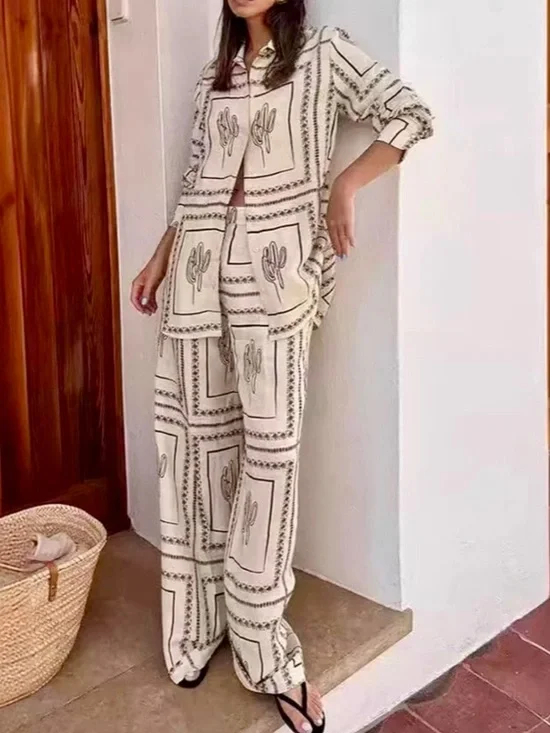 ❤️Hello Gorgeous! Desert Tile Print Cactus Print Button Up Shirt and Pants Set - Picture 3 of 9